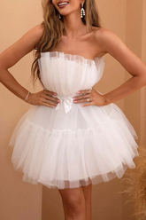 Vestidos de noche sin tirantes con lazo de malla, color liso y estilo sexy para baile de graduación (4 colores)