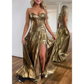 Vestido de noche estilo imperio sin mangas, escote corazón, sin tirantes y abertura lateral para fiesta de graduación