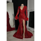 Robe de bal fourreau/colonne à col en V, fendue, à paillettes et à manches longues avec fermeture éclair