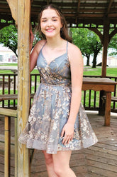 Cute A Line Spaghetti Straps Grey Short Homecoming Dress with Embroidery