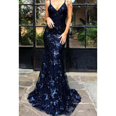 Robe de soirée longue fourreau en satin à paillettes et col en V