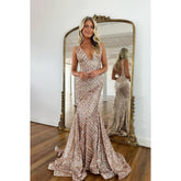 Robe de soirée longue sirène à paillettes, col en V, sans manches, dos nu