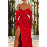 Robe de soirée longue rouge sexy en satin plissé à col en V et fente latérale
