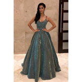 Robe de bal trapèze à bretelles spaghetti et col en V, robe scintillante