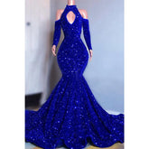 Vestido de fiesta negro único con escote alto, mangas largas y lentejuelas brillantes para Slay