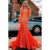 Robe de soirée longue sirène à paillettes, col en V, sans manches, avec traîne