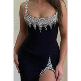 Robe de soirée sexy ajustée carrée perlée avec fente latérale
