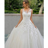 Elegant Wedding Dress A-Line O-Neck Tank Lace Appliques Illusion Button Tulle Bride Gown Robe De Mariée Customized