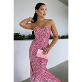 Robe de bal longue sexy à paillettes roses et col en V avec fente