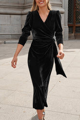 Vestido de noche elegante de manga larga de diseño francés, de terciopelo dorado