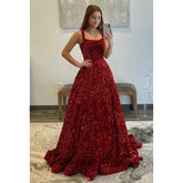 Robe de bal longue trapèze à paillettes et col carré avec traîne