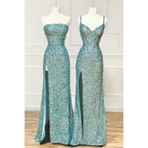 Robe de bal longue à paillettes, fourreau/colonne, avec fente