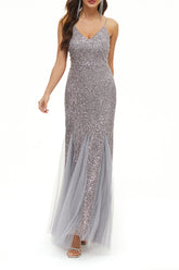 Robe de soirée sexy formelle unie patchwork col V