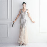 Sequin Mesh Craft Beaded Party Dress: Elegant Long Cocktail Slim Fit Evening Dress