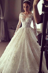 Elegante vestido de novia largo de encaje estilo princesa con mangas largas ilusión WD280