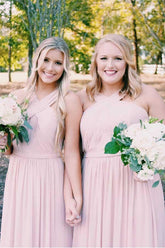 Elegante vestido largo de gasa rosa para dama de honor con fajín BD072