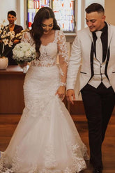 Elegantes vestidos de novia largos de sirena con encaje, espalda descubierta y mangas