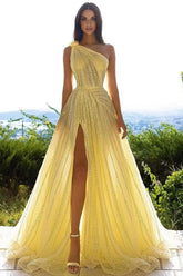 Elegante vestido de fiesta amarillo de un solo hombro, con lentejuelas y corte en A con abertura