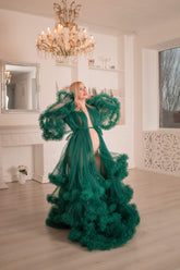 Vestido de maternidad verde esmeralda transparente para sesión de fotos de maternidad VMR25