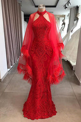 Evening Dresses Long Red Lace Cocktail Dress