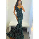 Robe de bal longue sirène à paillettes, décolleté en V, dos nu, avec traîne