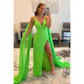 Robe de soirée fourreau/colonne à col en V, fendue, sans manches, à paillettes