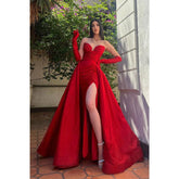 Robe de soirée longue rouge sexy à col en V et fente haute