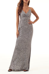 Elegante vestido de noche formal liso con lentejuelas y escote en V