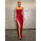 Unique Scoop Side Slit Red Long Prom Formal Dress