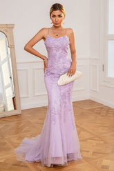 Robe de bal longue sirène violet clair avec appliques