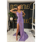 Robe de bal longue et scintillante à paillettes et col en V