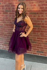 Sensational Instincts A Line Spaghetti Straps Purple Corset Homecoming Dress with Beading