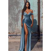 Sheath/Column Off-Shoulder Satin Pleats Sequins Sleeveless Evening Dress