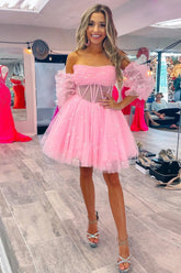 Cute A Line Strapless Pink Corset Homecoming Dress with Half Sleeves