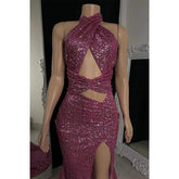 Vestido de fiesta de sirena con lentejuelas y cuello halter único para niñas