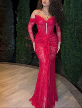 Precioso vestido de noche rojo plisado de encaje, elegante vestido de graduación Y7694