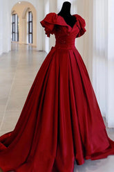 Robe de bal longue en satin bordeaux, coupe trapèze, référence Y518