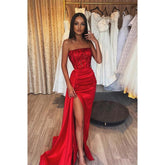 Vestido largo de fiesta formal con lentejuelas sin tirantes y abertura alta