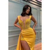 Robe de bal sirène jaune sexy à col en V profond et fente