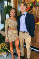 Sheath One Shoulder Champagne Sequins Short Homecoming Dress with Long Sleeves