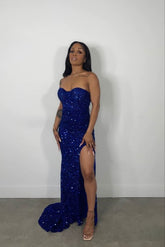 Robe de soirée bustier bleu roi à sequins, fente latérale, élégante robe de bal bleu roi Y490