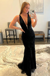Mermaid Deep V Neck Black Long Prom Dress with Open Back