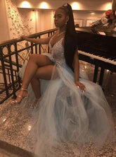 Robe de bal en dentelle à col V ravissant, robe de soirée fendue et sexy Y170