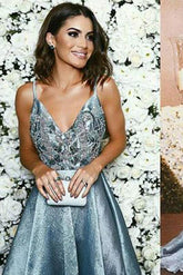 Robe de bal longue dos nu, coupe trapèze, col en V, robes de soirée