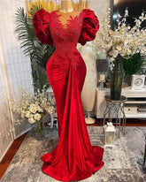 Robe de bal sirène rouge de luxe, dentelle perlée, col transparent, tenue de soirée formelle Y02