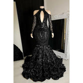 Robe de bal sirène/trompette à col en V, en dentelle, à paillettes, fermeture éclair, manches longues, pour un look noir