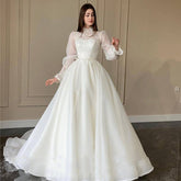 Organza A Line Appliques Lace Wedding Dress Puff Long Sleeves High Neck Bridal Gowns Robe De Mariage Custom TG001