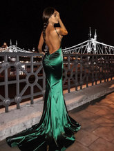 Robe de bal longue vert foncé sirène, dos nu, Y626