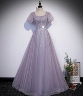 Robe de bal longue en tulle violet ornée de perles, robe de soirée trapèze s59