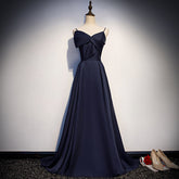 Robe de bal longue en satin bleu foncé, robe de soirée simple s93